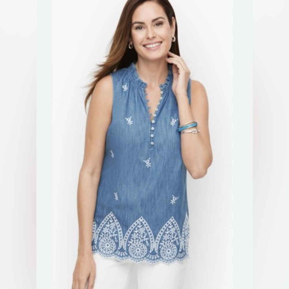 TALBOTS Ruffle Trim Embroidered Denim Shell Blue Tencel Lyocell Womens Sz Small. - Picture 1 of 10